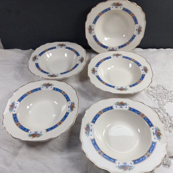 Myott Soup Bowls Fruit in Urn Set of 5 MYO100 Blue Band Scalloped Edge England - Picture 2 of 8